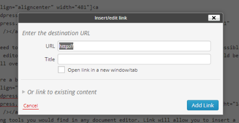 Adding a link in the Visual Editor of WordPress.