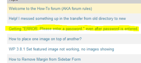 Picture of a WordPress.org post, asking for help with a password error