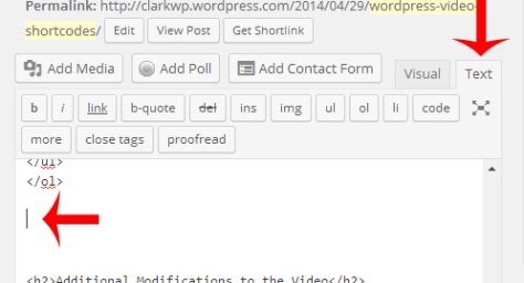 WordPress text editor showing an arrow on the text editor button and an arrow displaying the current location of the cursor