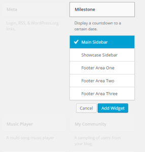 A copied image for showing the selection of Milestone Widget and the assignment to the Main Sidebar