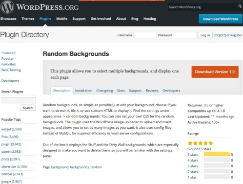 Screen shot of Random Backgrounds Plugin download page.